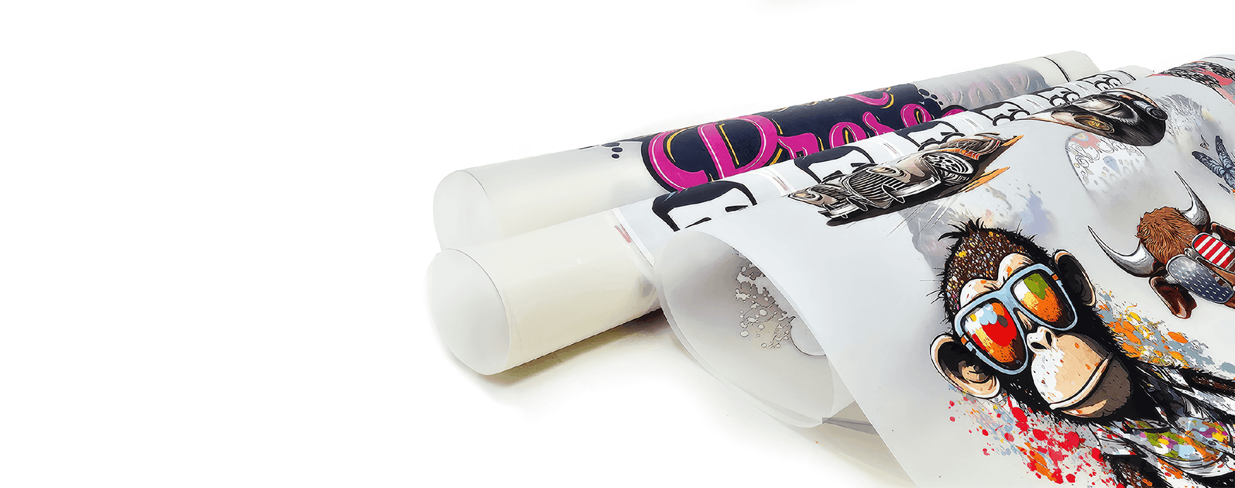 Freshly printed DTF transfer rolls, full colour on film